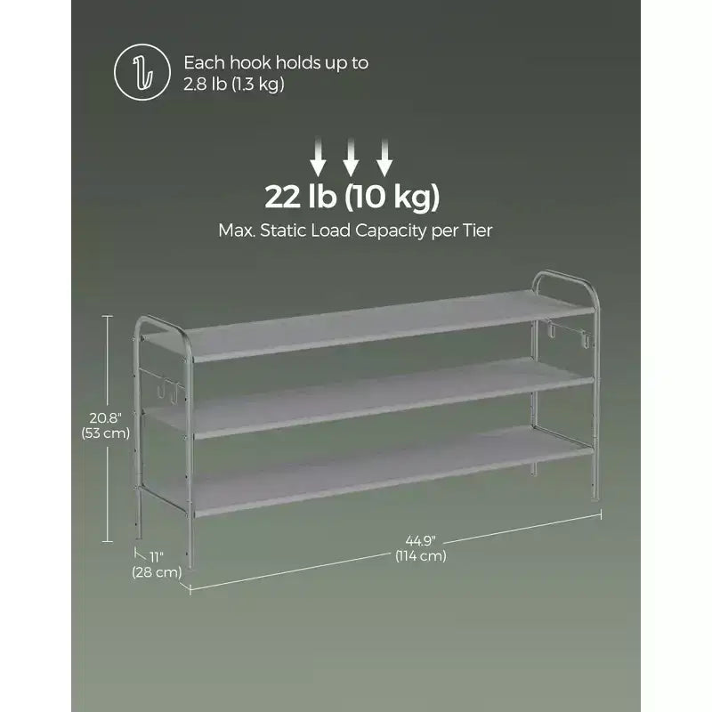 Meuble à chaussures 3 niveaux en tissu avec 4 crochets, réglable en hauteur, peut contenir jusqu'à 18 paires de chaussures, organisateur d'entrée