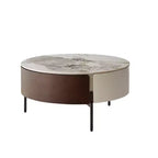 Table basse ronde moderne, bois et céramique avec tiroirs et pieds en métal