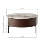Table basse ronde moderne, bois et céramique avec tiroirs et pieds en métal