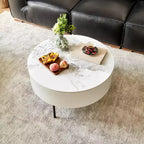 Table basse ronde moderne, bois et céramique avec tiroirs et pieds en métal