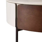 Table basse ronde moderne, bois et céramique avec tiroirs et pieds en métal