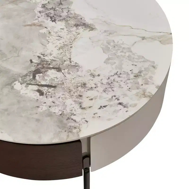 Table basse ronde moderne, bois et céramique avec tiroirs et pieds en métal