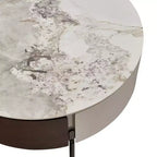 Table basse ronde moderne, bois et céramique avec tiroirs et pieds en métal