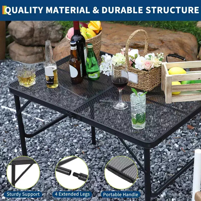 Table pliante en maille de fer et cadre en aluminium, table de camping, bureau pliant, table pliante d'extérieur