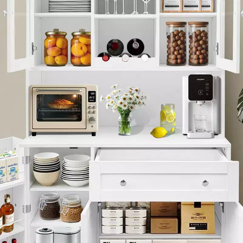 Meuble de rangement de cuisine, Vaisselier autoportant avec casier à vin, Tiroir et Étagères à portes vitrées