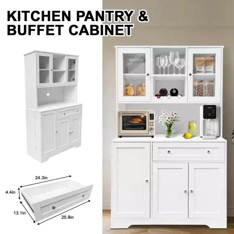 Meuble de rangement de cuisine, Vaisselier autoportant avec casier à vin, Tiroir et Étagères à portes vitrées
