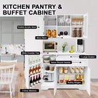 Meuble de rangement de cuisine, Vaisselier autoportant avec casier à vin, Tiroir et Étagères à portes vitrées