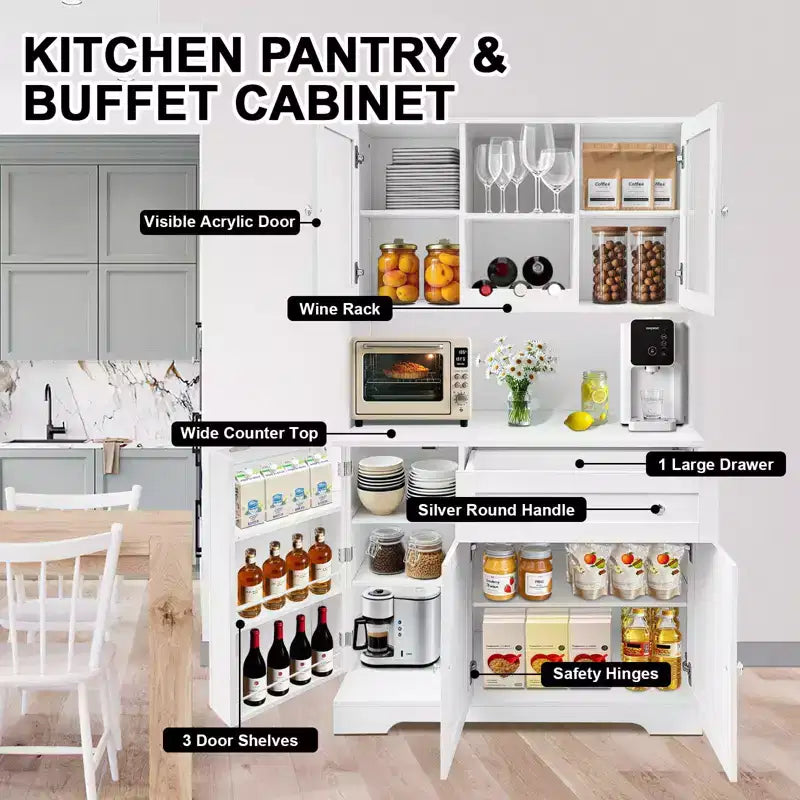 Meuble de rangement de cuisine, Vaisselier autoportant avec casier à vin, Tiroir et Étagères à portes vitrées