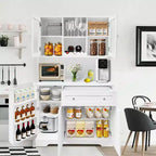 Meuble de rangement de cuisine, Vaisselier autoportant avec casier à vin, Tiroir et Étagères à portes vitrées