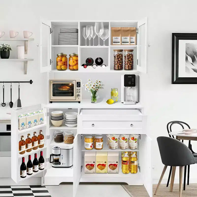 Meuble de rangement de cuisine, Vaisselier autoportant avec casier à vin, Tiroir et Étagères à portes vitrées