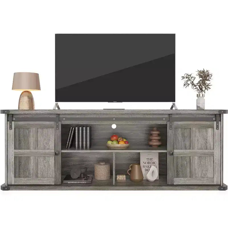 Meuble TV de ferme avec portes coulissantes de grange et armoires de rangement, meuble TV pour téléviseurs jusqu'à 75"