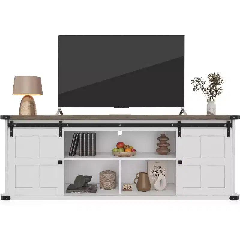 Meuble TV de ferme avec portes coulissantes de grange et armoires de rangement, meuble TV pour téléviseurs jusqu'à 75"
