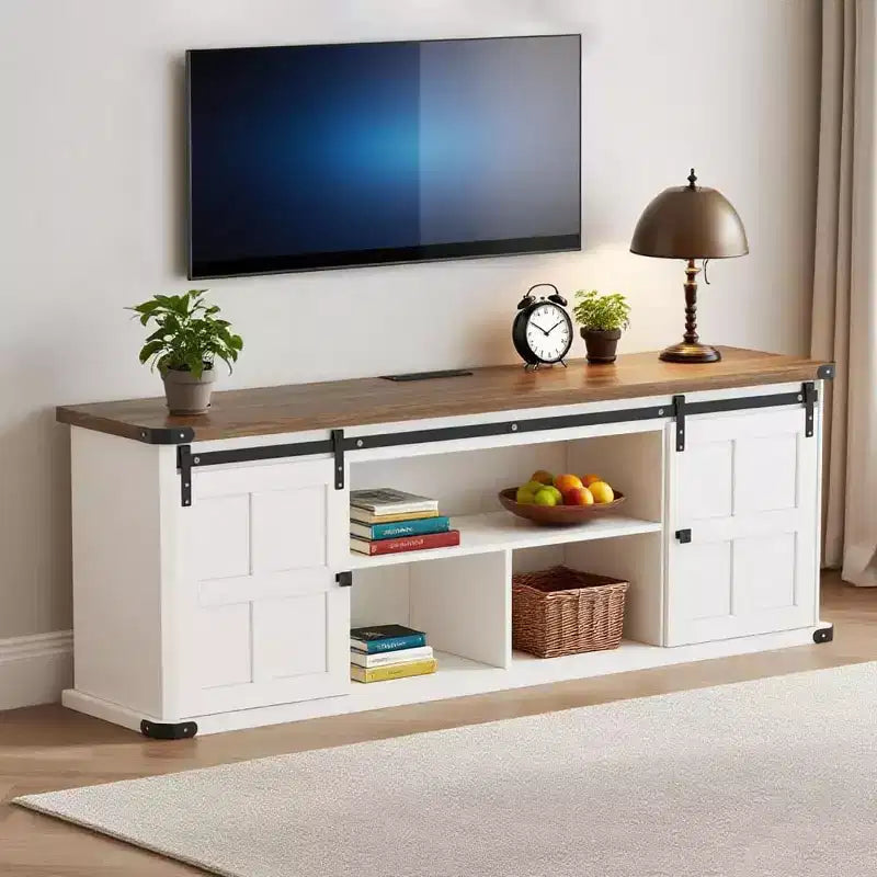 Meuble TV de ferme avec portes coulissantes de grange et armoires de rangement, meuble TV pour téléviseurs jusqu'à 75"