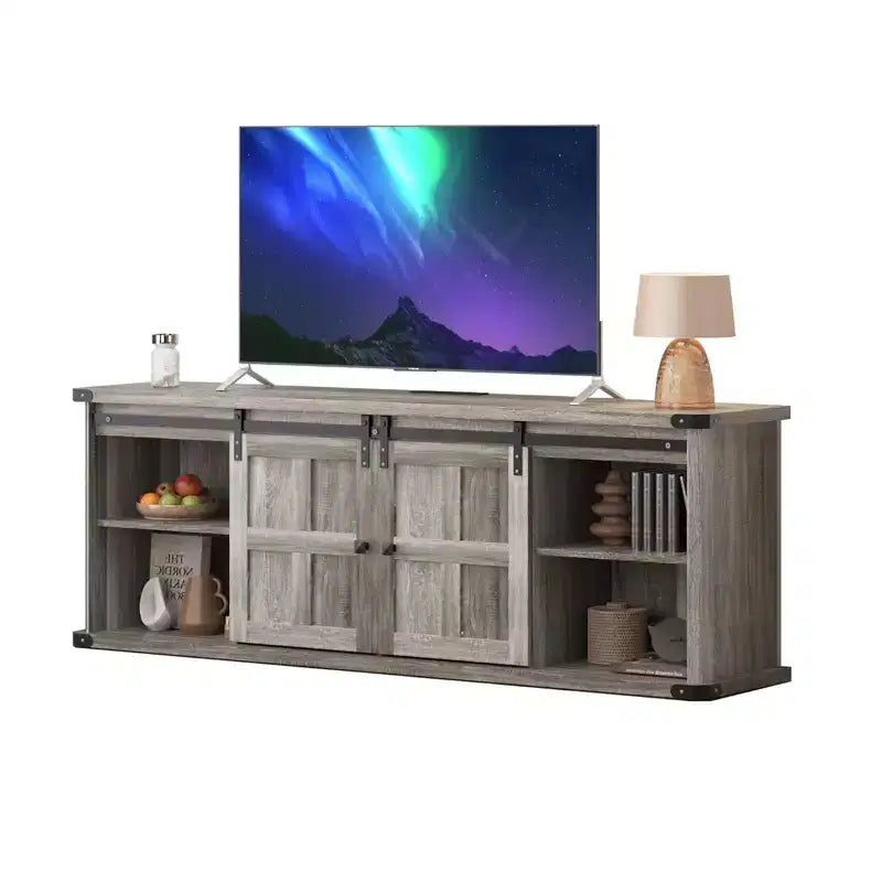 Meuble TV de ferme avec portes coulissantes de grange et armoires de rangement, meuble TV pour téléviseurs jusqu'à 75"
