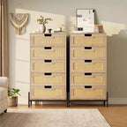 Commode en rotin naturel à 5 tiroirs, commode en bois, meuble de rangement de style ferme avec pieds en métal pour chambre à coucher, salon