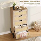 Commode en rotin naturel à 5 tiroirs, commode en bois, meuble de rangement de style ferme avec pieds en métal pour chambre à coucher, salon