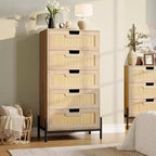 Commode en rotin naturel à 5 tiroirs, commode en bois, meuble de rangement de style ferme avec pieds en métal pour chambre à coucher, salon