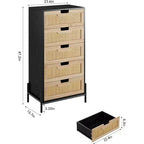 Commode en rotin naturel à 5 tiroirs, commode en bois, meuble de rangement de style ferme avec pieds en métal pour chambre à coucher, salon