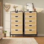 Commode en rotin naturel à 5 tiroirs, commode en bois, meuble de rangement de style ferme avec pieds en métal pour chambre à coucher, salon