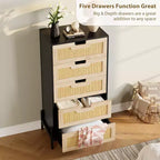 Commode en rotin naturel à 5 tiroirs, commode en bois, meuble de rangement de style ferme avec pieds en métal pour chambre à coucher, salon