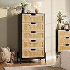 Commode en rotin naturel à 5 tiroirs, commode en bois, meuble de rangement de style ferme avec pieds en métal pour chambre à coucher, salon