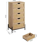 Commode en rotin naturel à 5 tiroirs, commode en bois, meuble de rangement de style ferme avec pieds en métal pour chambre à coucher, salon