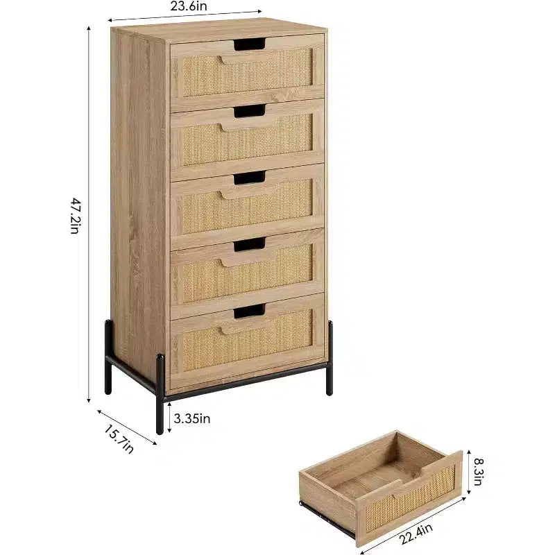 Commode en rotin naturel à 5 tiroirs, commode en bois, meuble de rangement de style ferme avec pieds en métal pour chambre à coucher, salon