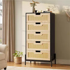 Natural Rattan 5 Drawer Dresser, Wooden Chest of Drawer, Farmhouse Storage Cabinet with Metal Legs, Modern Dresser for Bedroom, Living Room