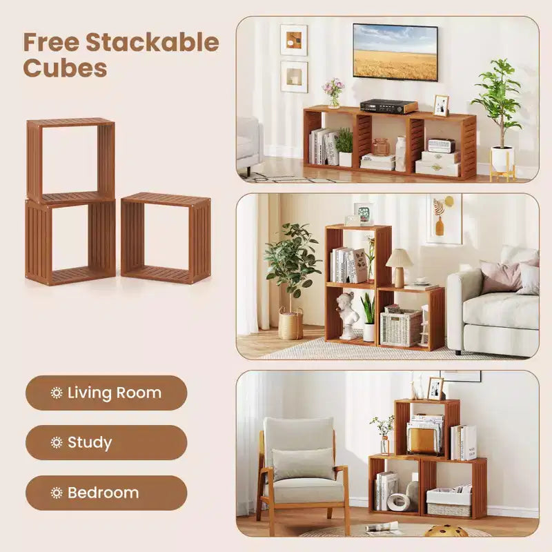 Étagère de rangement empilable 3 cubes pour petits espaces, teck (1 ou 2 paquets)