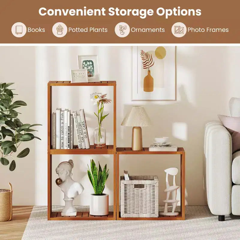 Étagère de rangement empilable 3 cubes pour petits espaces, teck (1 ou 2 paquets)