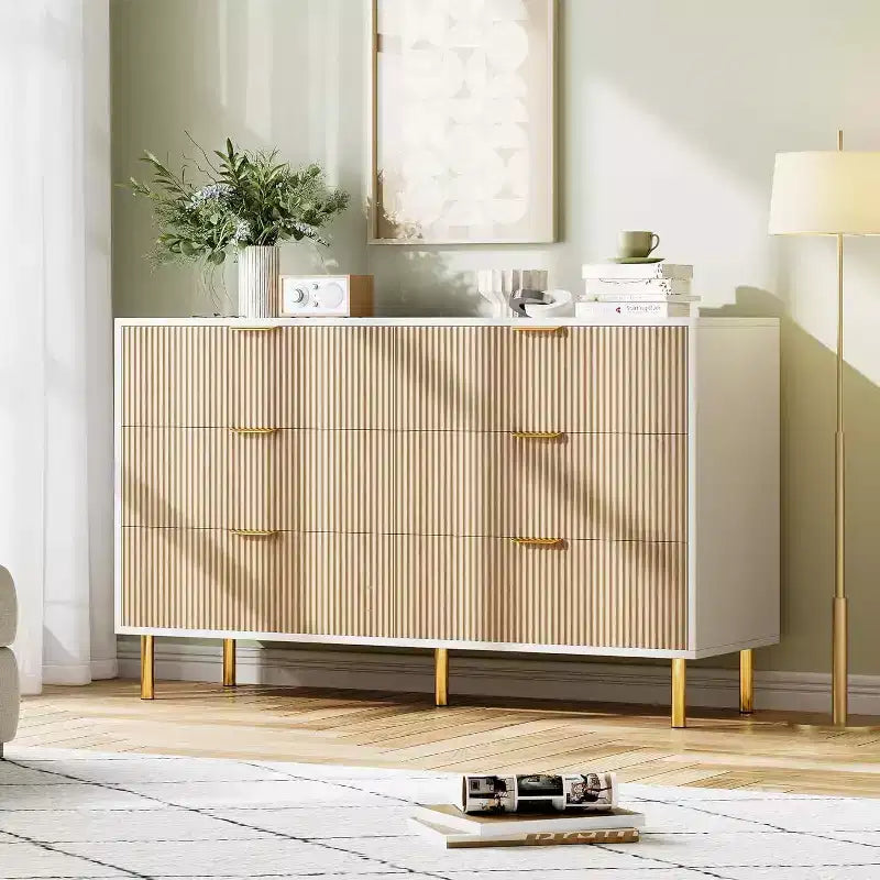 Commode moderne à 6 tiroirs - Poignées dorées et grand espace de rangement pour chambre à coucher et salon
