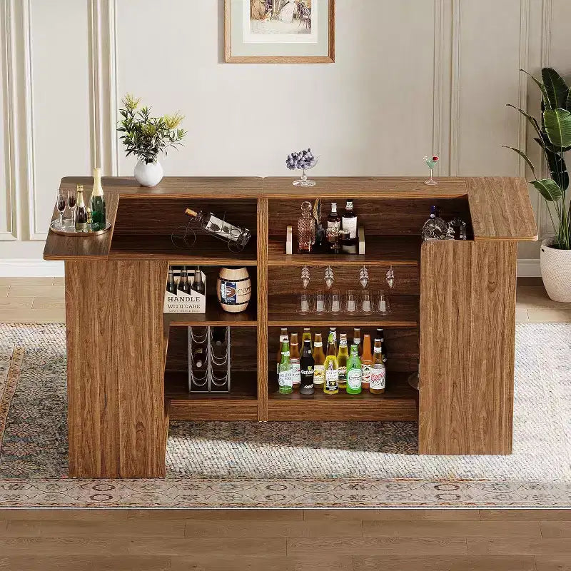 L-Shaped Bar Cabinet, 4-Tier Corner Liquor Table with Glass Holder & Storage Shelves, for Kitchen, Living Room, Home Pub