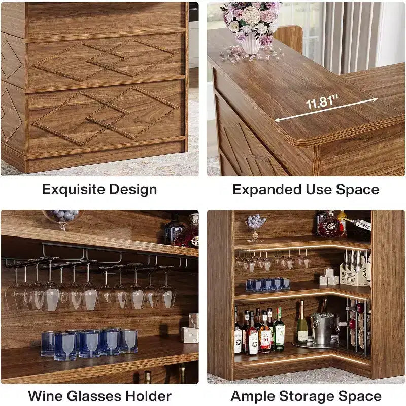 Meuble de bar en L, Table d'angle à liqueur à 4 niveaux avec porte-verres et étagères de rangement, pour cuisine, salon, bar à domicile
