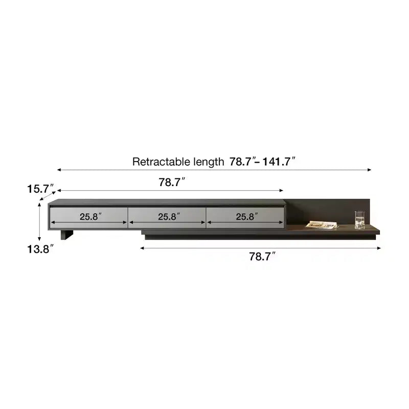 Meuble TV extensible Mid-century moderne, s'étend jusqu'à 360 cm, avec 3 tiroirs de rangement