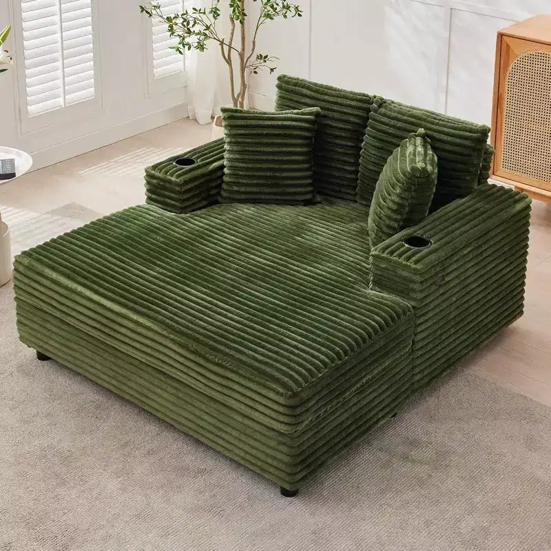 Grande chaise longue, canapé-lit rembourré avec 4 oreillers et porte-gobelet, canapé confortable en velours côtelé pour salon ou chambre, vert