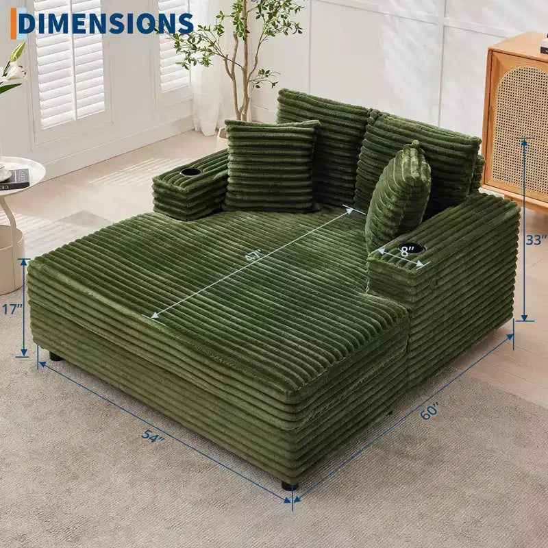 Grande chaise longue, canapé-lit rembourré avec 4 oreillers et porte-gobelet, canapé confortable en velours côtelé pour salon ou chambre, vert