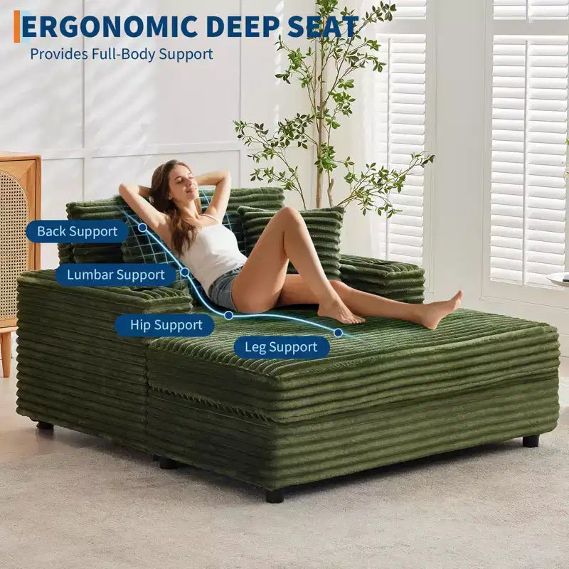 Grande chaise longue, canapé-lit rembourré avec 4 oreillers et porte-gobelet, canapé confortable en velours côtelé pour salon ou chambre, vert