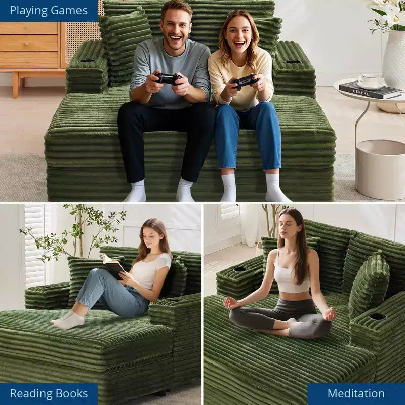 Grande chaise longue, canapé-lit rembourré avec 4 oreillers et porte-gobelet, canapé confortable en velours côtelé pour salon ou chambre, vert
