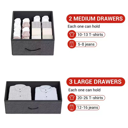 Commode à 5 tiroirs pour chambre à coucher, organisateur de rangement avec bacs en tissu, dessus en bois, cadre en acier robuste, poignée facile à tirer