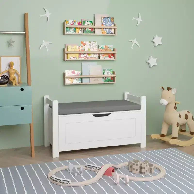 Coffre à jouets pour enfants, boîte à jouets blanche pour garçons et filles, grande armoire de rangement avec banquette/couvercle rabattable/charnière de sécurité