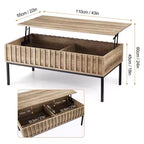 Table basse relevable en bois avec compartiment de rangement dissimulé, finition teck