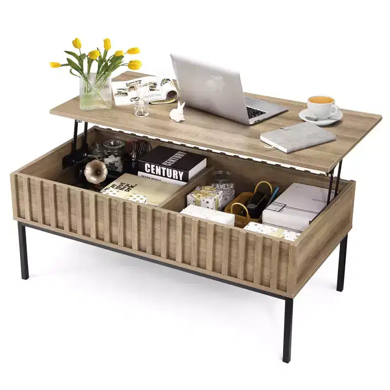 Table basse relevable en bois avec compartiment de rangement dissimulé, finition teck