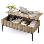 Table basse relevable en bois avec compartiment de rangement dissimulé, finition teck