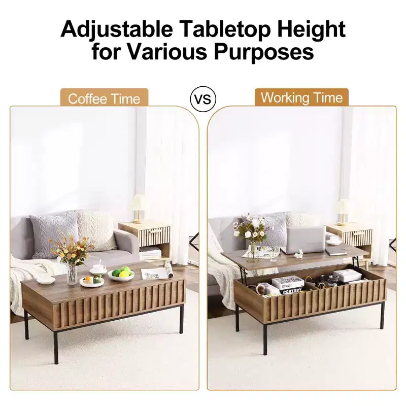 Table basse relevable en bois avec compartiment de rangement dissimulé, finition teck