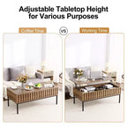 Table basse relevable en bois avec compartiment de rangement dissimulé, finition teck