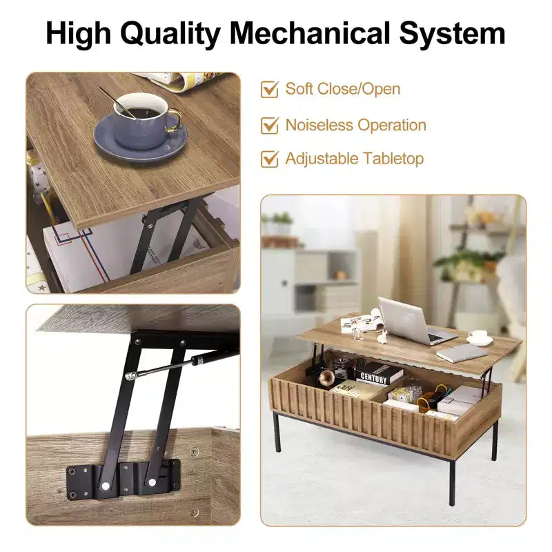 Table basse relevable en bois avec compartiment de rangement dissimulé, finition teck