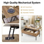 Table basse relevable en bois avec compartiment de rangement dissimulé, finition teck
