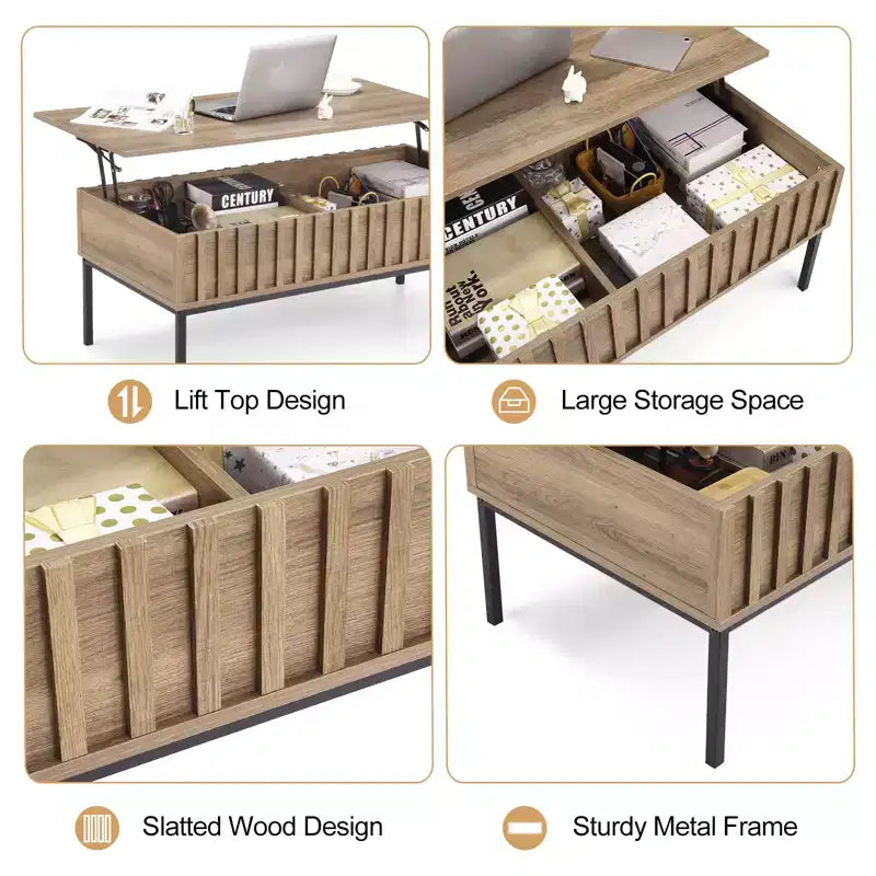 Table basse relevable en bois avec compartiment de rangement dissimulé, finition teck