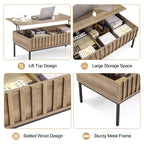 Table basse relevable en bois avec compartiment de rangement dissimulé, finition teck