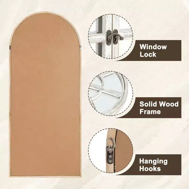 Miroir mural pleine longueur, design cintrée à grille en bois massif, ouvrable, sans support